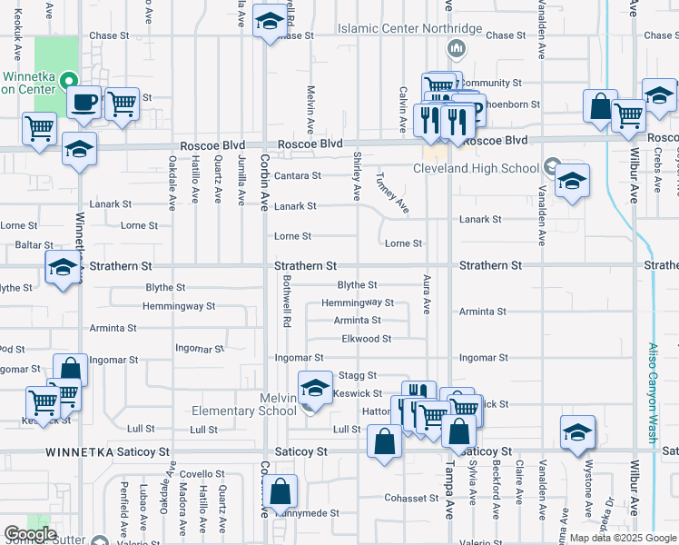 map of restaurants, bars, coffee shops, grocery stores, and more near 19520 Strathern Street in Los Angeles