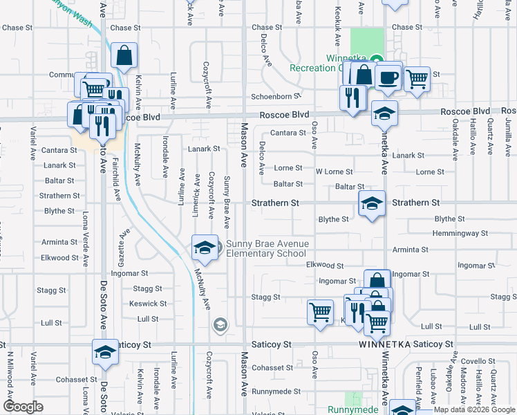 map of restaurants, bars, coffee shops, grocery stores, and more near 20456 Strathern Street in Los Angeles