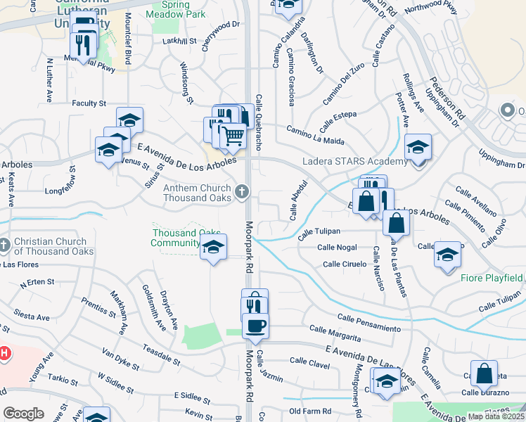 map of restaurants, bars, coffee shops, grocery stores, and more near 2662 Calle Bienvenido in Thousand Oaks
