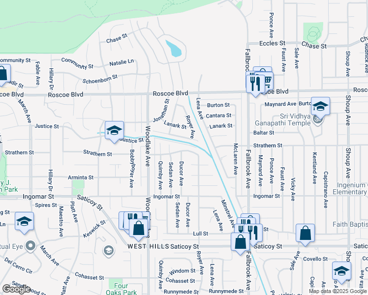 map of restaurants, bars, coffee shops, grocery stores, and more near 23035 Strathern Street in Los Angeles