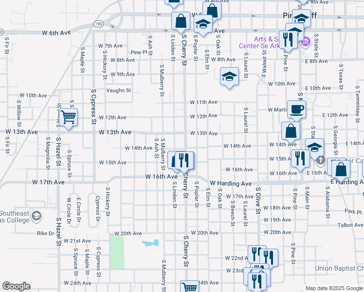 map of restaurants, bars, coffee shops, grocery stores, and more near 1326 South Cherry Street in Pine Bluff