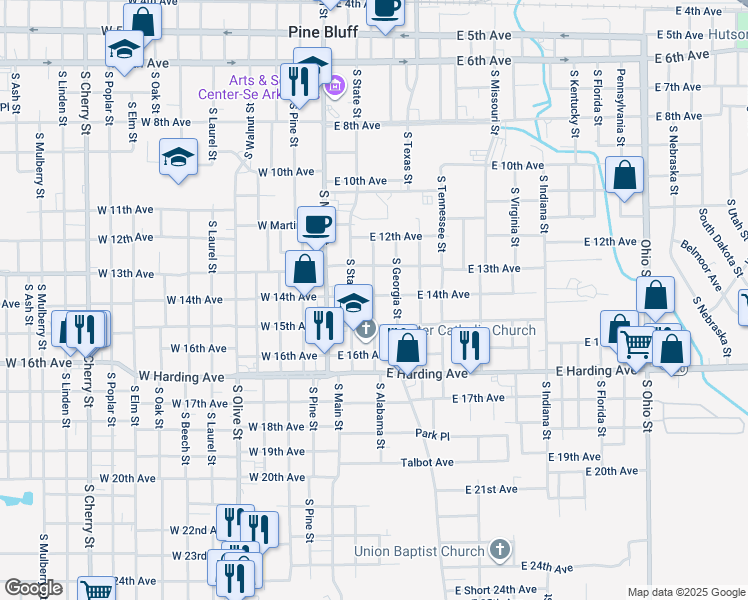 map of restaurants, bars, coffee shops, grocery stores, and more near 1405 South Alabama Street in Pine Bluff