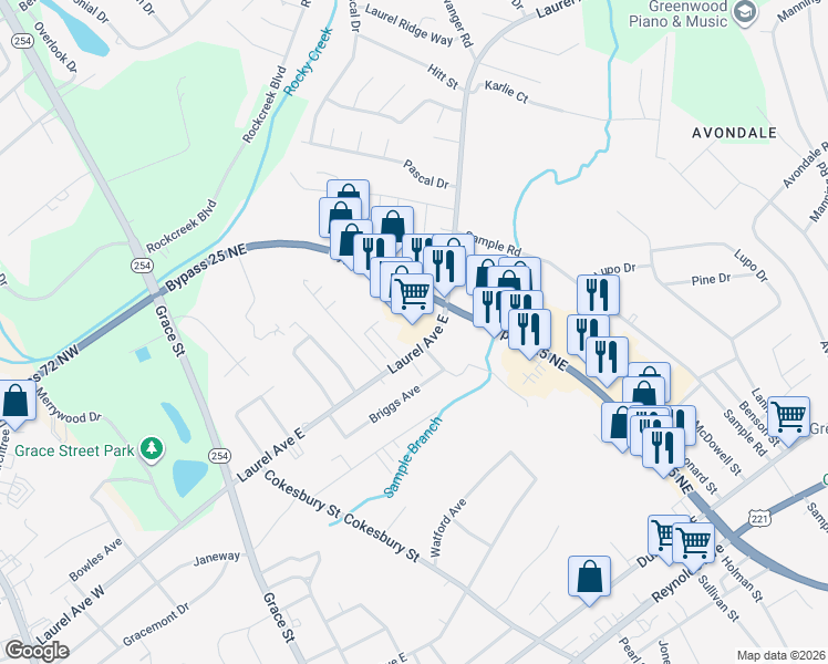 map of restaurants, bars, coffee shops, grocery stores, and more near 1605 South Carolina 72 in Greenwood