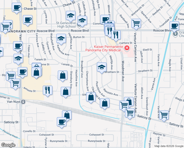 map of restaurants, bars, coffee shops, grocery stores, and more near 7928 Cherrystone Avenue in Los Angeles