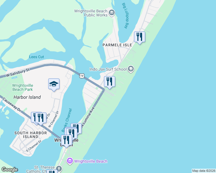 map of restaurants, bars, coffee shops, grocery stores, and more near 11 East Salisbury Street in Wrightsville Beach