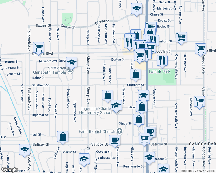 map of restaurants, bars, coffee shops, grocery stores, and more near 22236 Strathern Street in Los Angeles