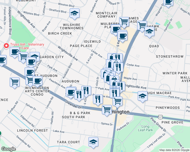 map of restaurants, bars, coffee shops, grocery stores, and more near 4205 Departure Court in Wilmington