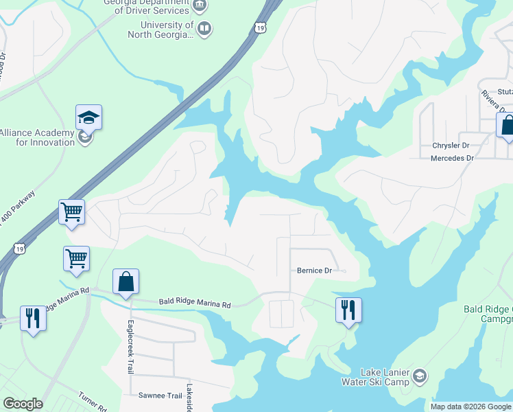 map of restaurants, bars, coffee shops, grocery stores, and more near 2405 Peachtree Road in Cumming