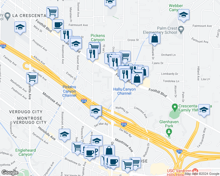 map of restaurants, bars, coffee shops, grocery stores, and more near 2312 Barton Lane in La Crescenta-Montrose