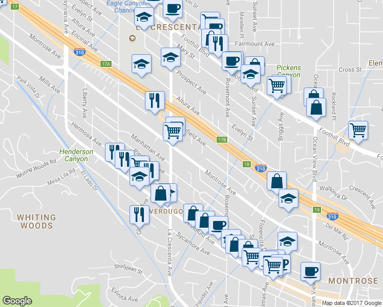 map of restaurants, bars, coffee shops, grocery stores, and more near 2705 Montrose Avenue in Glendale