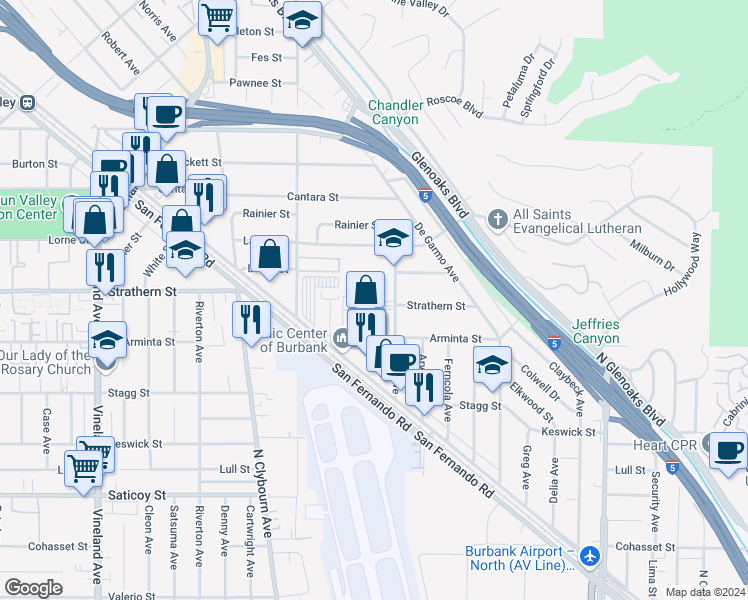 map of restaurants, bars, coffee shops, grocery stores, and more near 10443 Arminta Street in Los Angeles