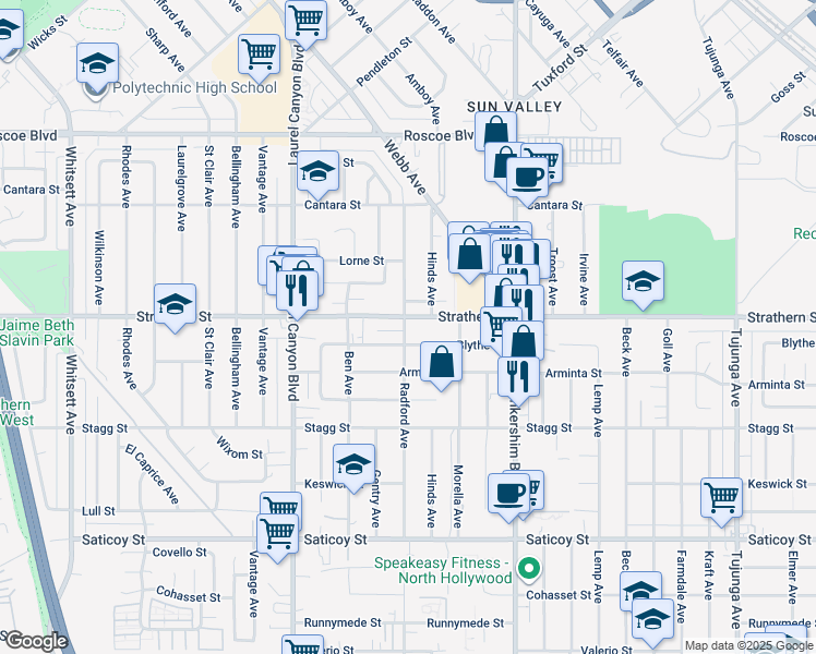 map of restaurants, bars, coffee shops, grocery stores, and more near 7938 Radford Avenue in Los Angeles