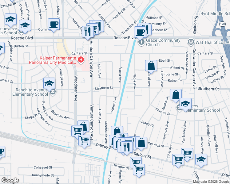 map of restaurants, bars, coffee shops, grocery stores, and more near 13403 Blythe Street in Los Angeles