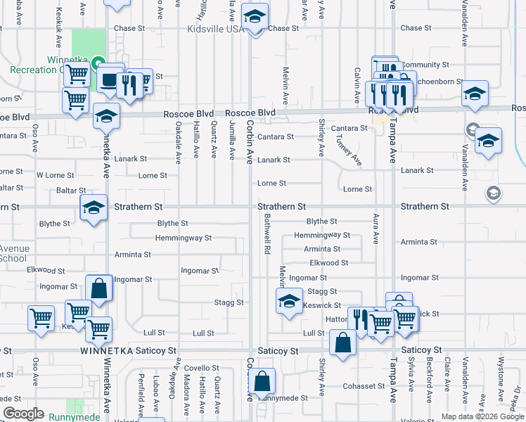 map of restaurants, bars, coffee shops, grocery stores, and more near 7943 Bothwell Road in Los Angeles