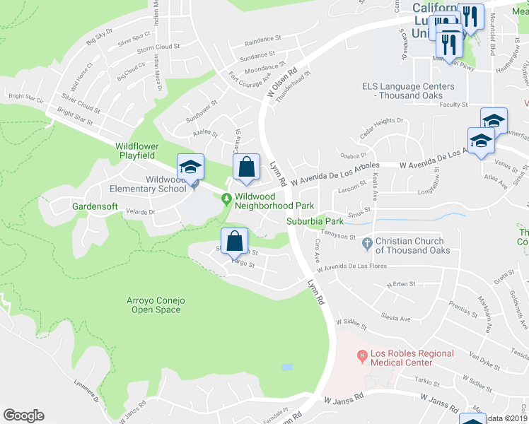map of restaurants, bars, coffee shops, grocery stores, and more near 2627 La Paloma Circle in Thousand Oaks