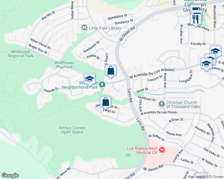 map of restaurants, bars, coffee shops, grocery stores, and more near 2627 La Paloma Circle in Thousand Oaks