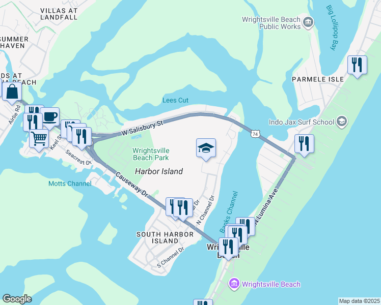 map of restaurants, bars, coffee shops, grocery stores, and more near in WRITSVLLE BCH