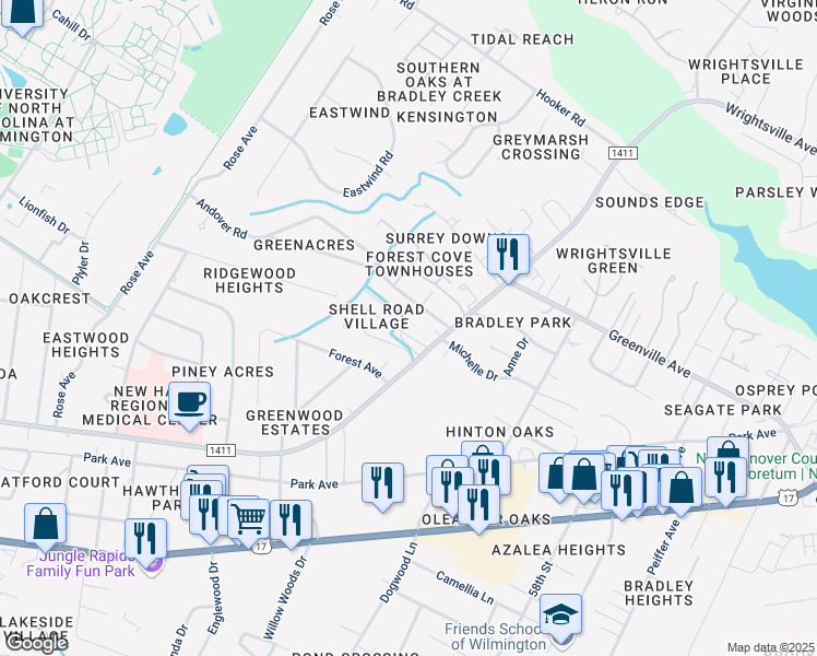 map of restaurants, bars, coffee shops, grocery stores, and more near 5442-5498 Ridgewood Heights Dr in Wilmington