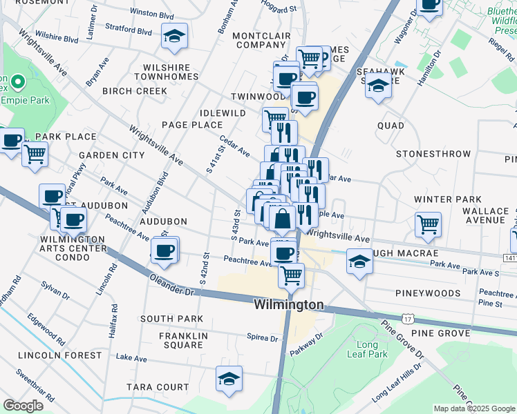 map of restaurants, bars, coffee shops, grocery stores, and more near 4314 Wrightsville Avenue in Wilmington