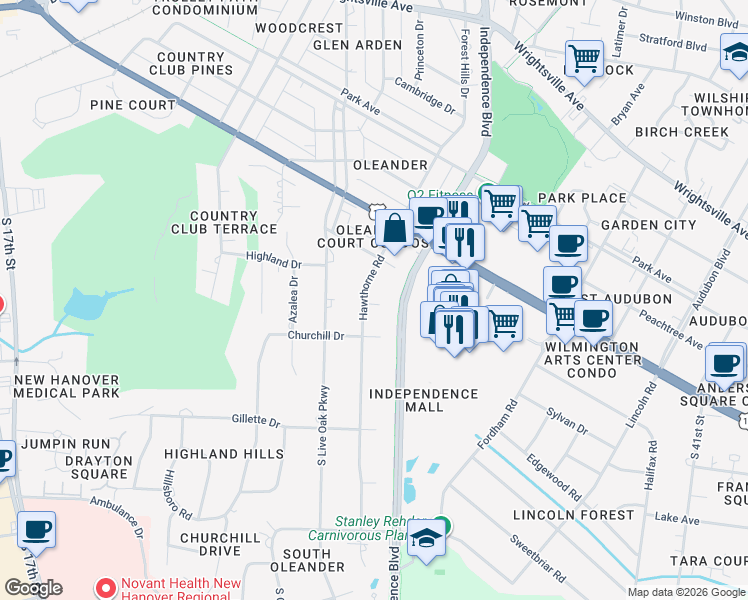 map of restaurants, bars, coffee shops, grocery stores, and more near 1713 Hawthorne Rd in Wilmington