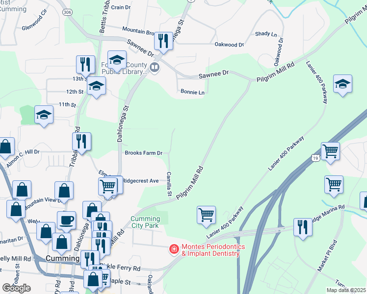 map of restaurants, bars, coffee shops, grocery stores, and more near 517 Pearl Street in Cumming