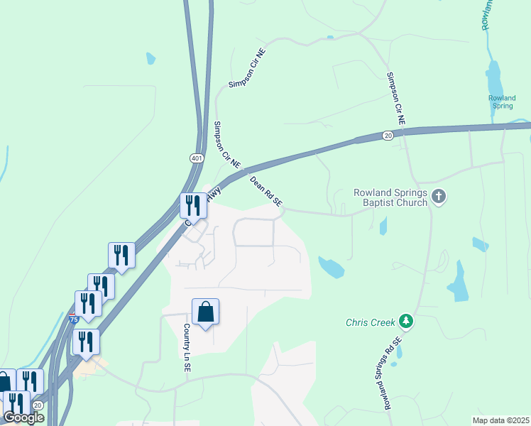 map of restaurants, bars, coffee shops, grocery stores, and more near 28 East Boxwood Drive Southeast in Cartersville