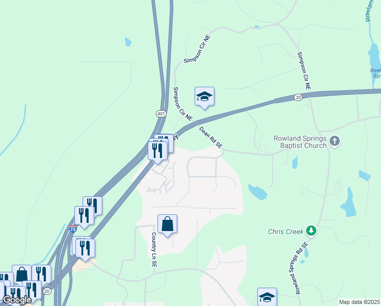 map of restaurants, bars, coffee shops, grocery stores, and more near 38 East Boxwood Drive Southeast in Cartersville