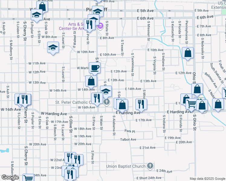 map of restaurants, bars, coffee shops, grocery stores, and more near 1405 South Alabama Street in Pine Bluff