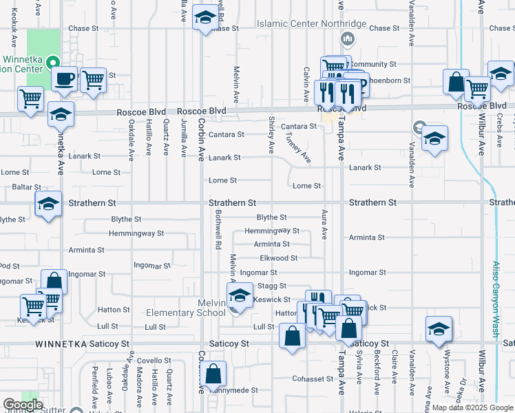 map of restaurants, bars, coffee shops, grocery stores, and more near 19520 Strathern Street in Los Angeles