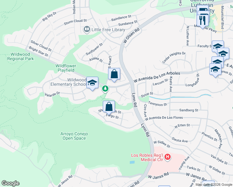 map of restaurants, bars, coffee shops, grocery stores, and more near 2651 La Paloma Circle in Thousand Oaks