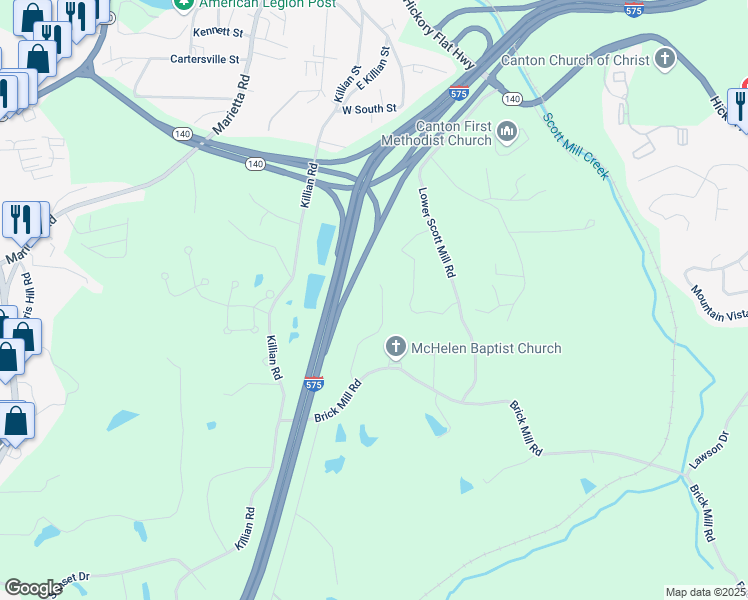 map of restaurants, bars, coffee shops, grocery stores, and more near 219 Brick Mill Drive in Canton