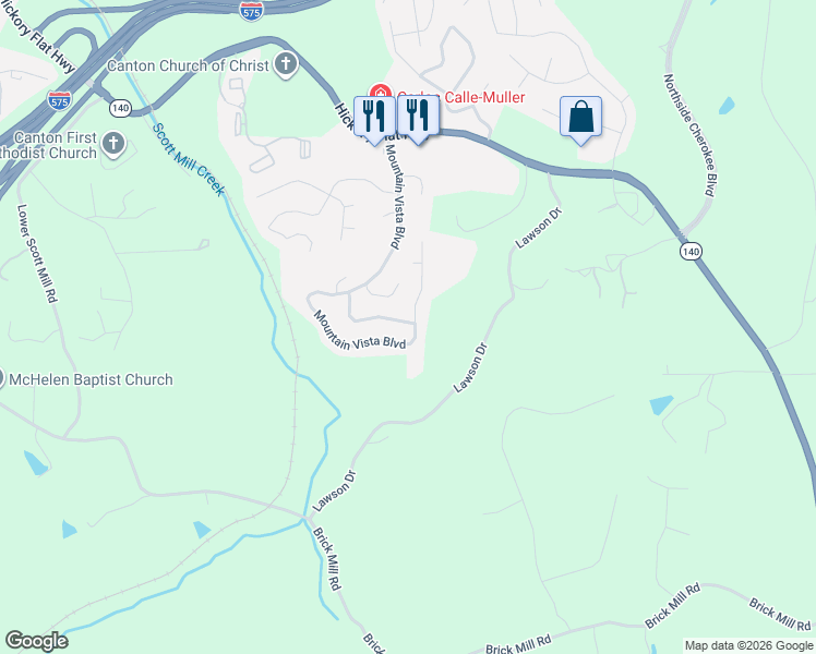 map of restaurants, bars, coffee shops, grocery stores, and more near 226 Mountain Vista Boulevard in Canton