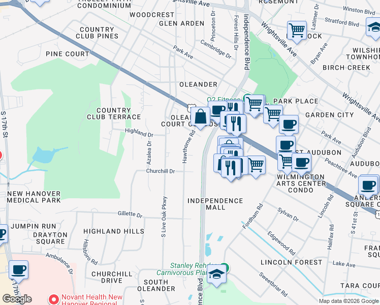 map of restaurants, bars, coffee shops, grocery stores, and more near 1713 Hawthorne Rd in Wilmington