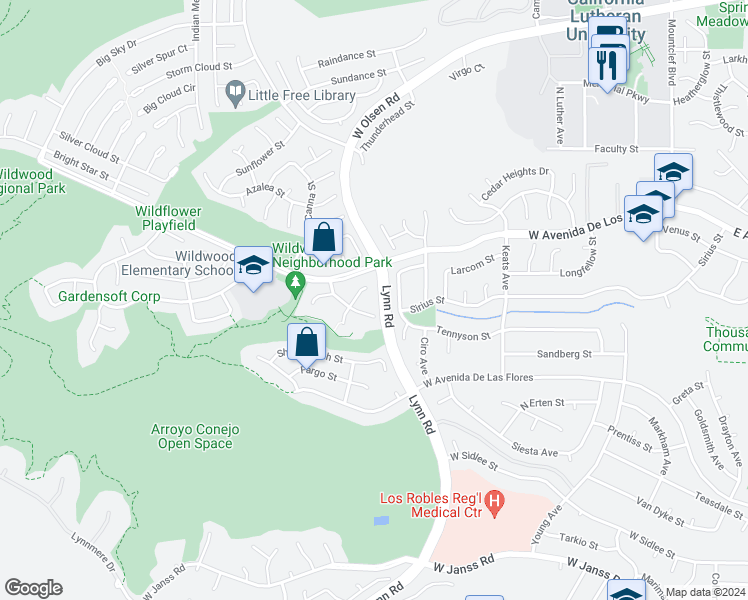 map of restaurants, bars, coffee shops, grocery stores, and more near 482 Serento Circle in Thousand Oaks