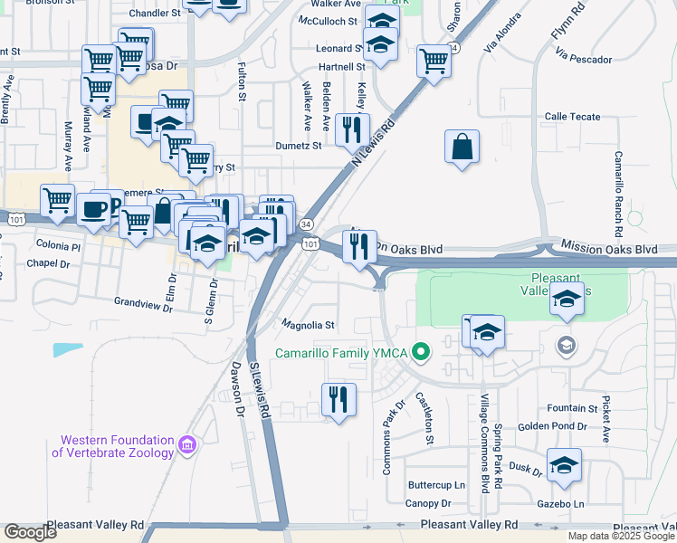 map of restaurants, bars, coffee shops, grocery stores, and more near 2 Camarillo Street in Camarillo