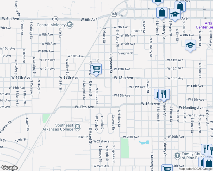 map of restaurants, bars, coffee shops, grocery stores, and more near 1400 South Cypress Street in Pine Bluff