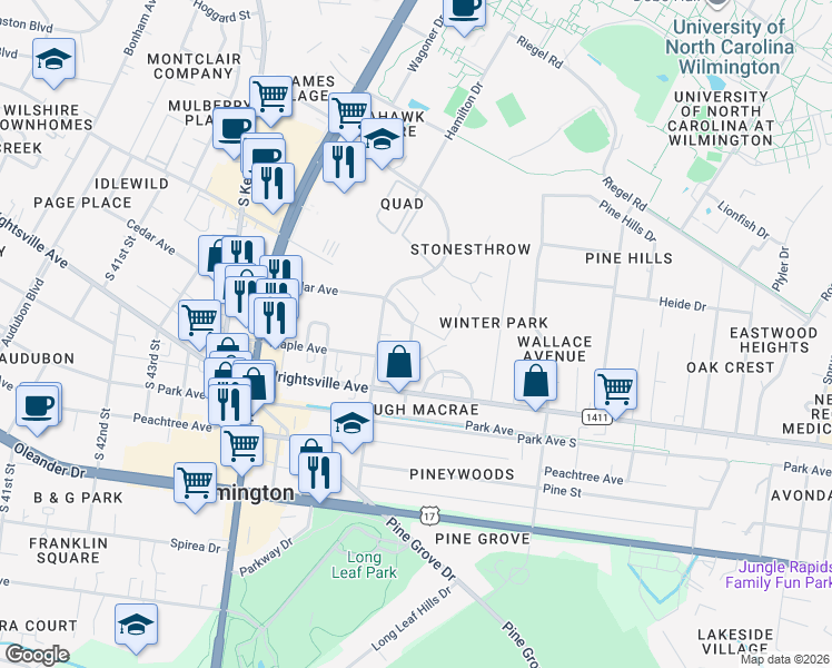 map of restaurants, bars, coffee shops, grocery stores, and more near 4912 Old Mears Road in Wilmington