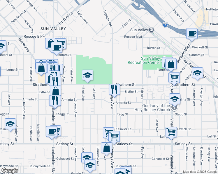 map of restaurants, bars, coffee shops, grocery stores, and more near 11414 Strathern Street in Los Angeles