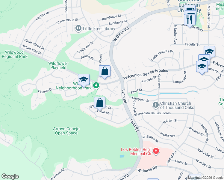 map of restaurants, bars, coffee shops, grocery stores, and more near 2627 La Paloma Circle in Thousand Oaks