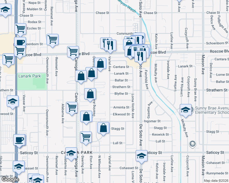 map of restaurants, bars, coffee shops, grocery stores, and more near 21045 Blythe Street in Los Angeles