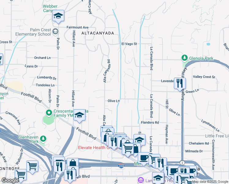map of restaurants, bars, coffee shops, grocery stores, and more near 1502 Alta Park Lane in La Cañada Flintridge