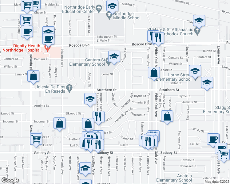 map of restaurants, bars, coffee shops, grocery stores, and more near 17940 Strathern Street in Los Angeles