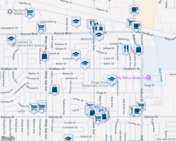 map of restaurants, bars, coffee shops, grocery stores, and more near 7931 Lasaine Avenue in Los Angeles