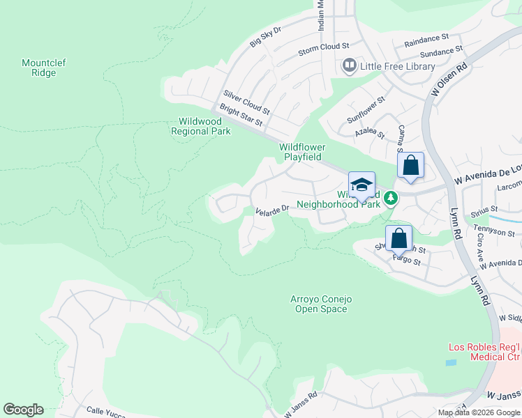map of restaurants, bars, coffee shops, grocery stores, and more near 2686 Velarde Drive in Thousand Oaks