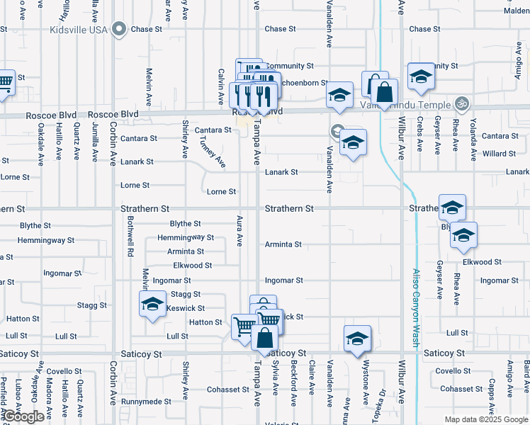 map of restaurants, bars, coffee shops, grocery stores, and more near 19258 Strathern Street in Los Angeles