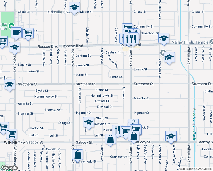 map of restaurants, bars, coffee shops, grocery stores, and more near 19442 Strathern Street in Los Angeles