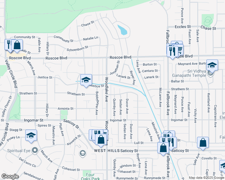 map of restaurants, bars, coffee shops, grocery stores, and more near 7965 Quimby Avenue in Los Angeles