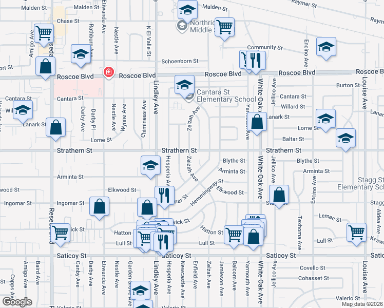 map of restaurants, bars, coffee shops, grocery stores, and more near 17940 Strathern Street in Los Angeles