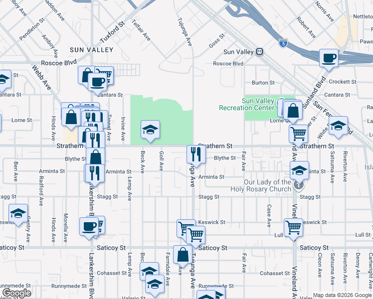 map of restaurants, bars, coffee shops, grocery stores, and more near 11414 Strathern Street in Los Angeles