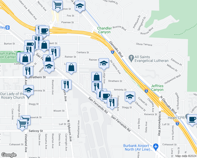 map of restaurants, bars, coffee shops, grocery stores, and more near 7943 Ledge Avenue in Los Angeles
